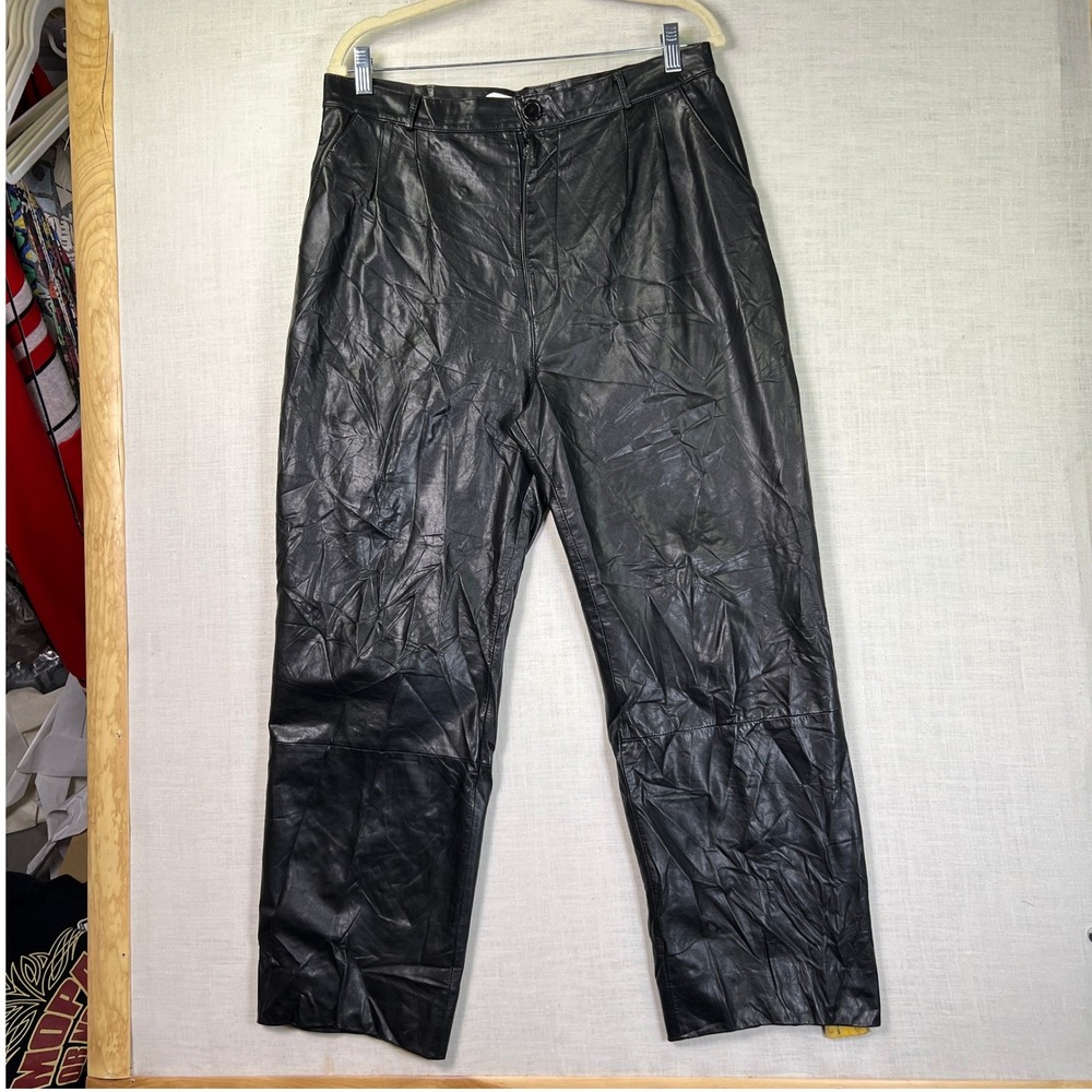 VTG Leather City Mens‎ Size 34 Pants Baggy Black Genuine Leather Pleated Lined